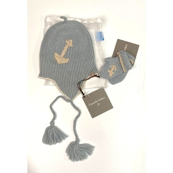 NWT Samantha Holmes Grey Hand Knit Hat & Mitten Set Anchor Design Infant Small - Picture 1 of 1